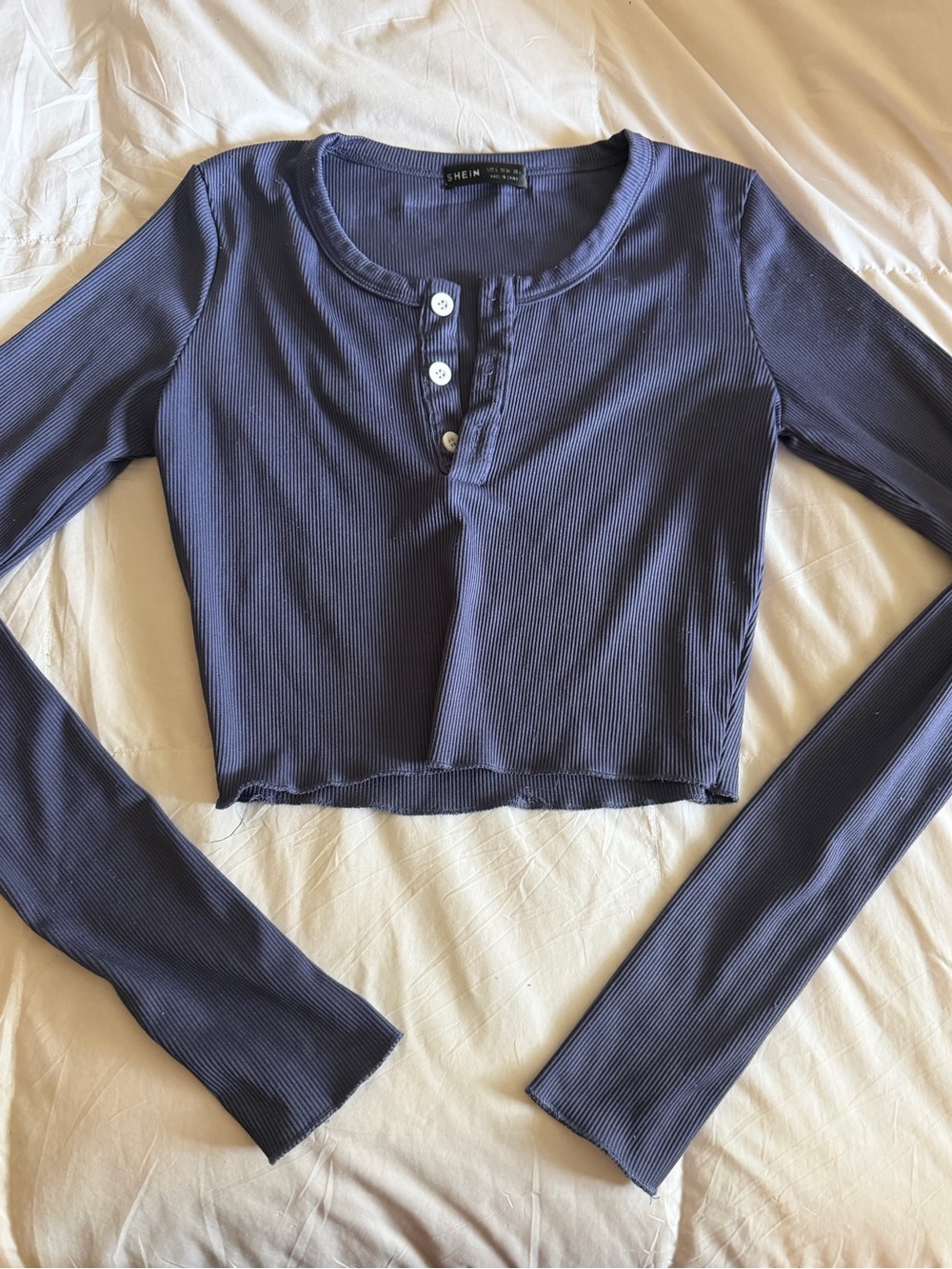Ribbed Long Sleeve Henley Crop Top in Slate Blue